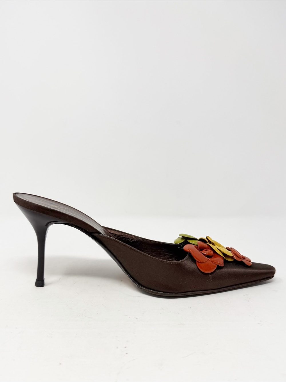 Giuseppe Zanotti Floral Mule Heels Brown Satin Pointed Toe Womens Size EU 39 - Picture 7 of 10